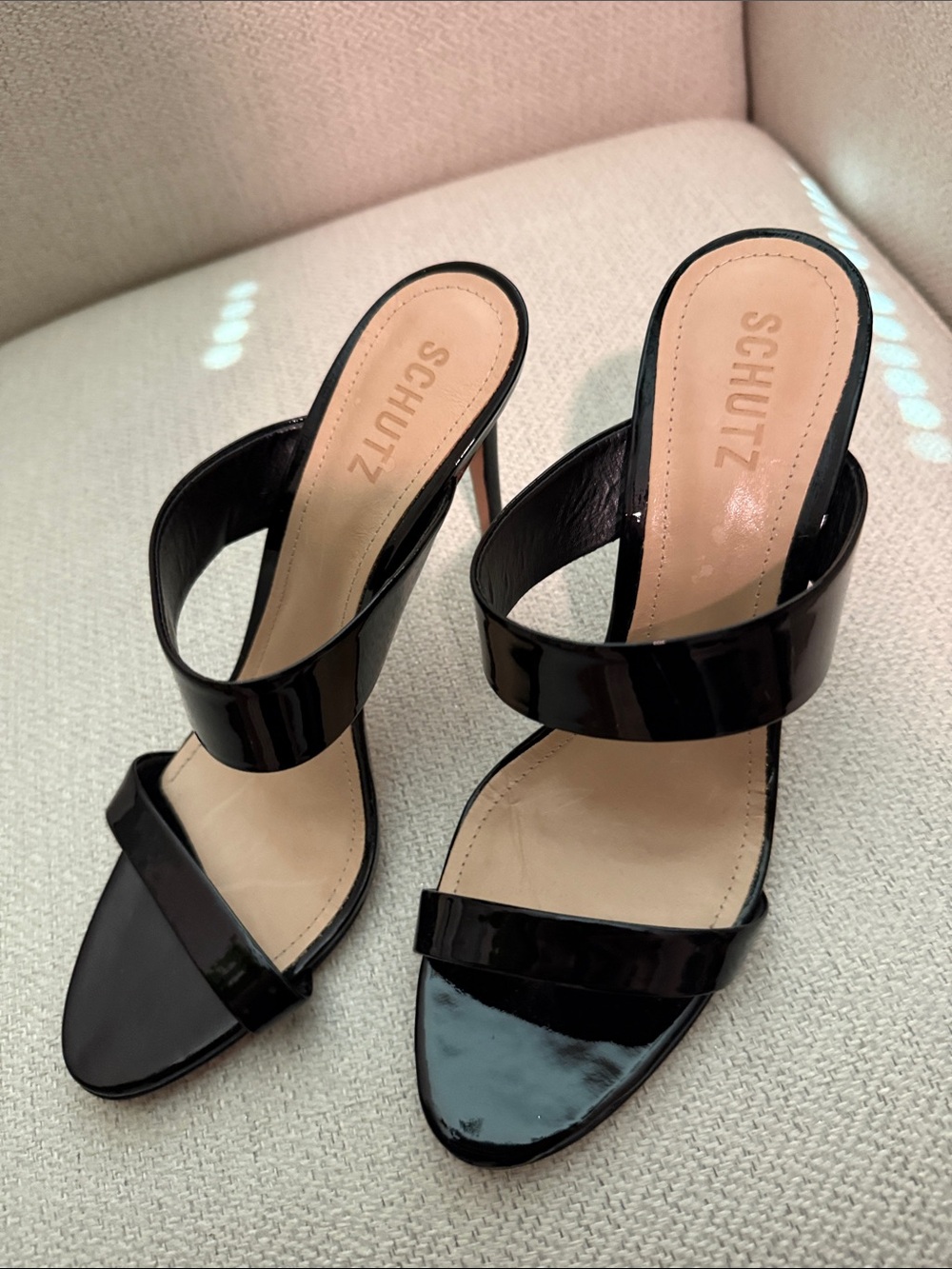 SCHUTZ Black Patent Double-Band Stiletto Slide Heels - Picture 4 of 4